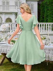 Gaun Pesta/Pernikahan Bodycon Seksi Minimalis Berbahan Chiffon dengan Leher V Dalam - Mint Green - View 2