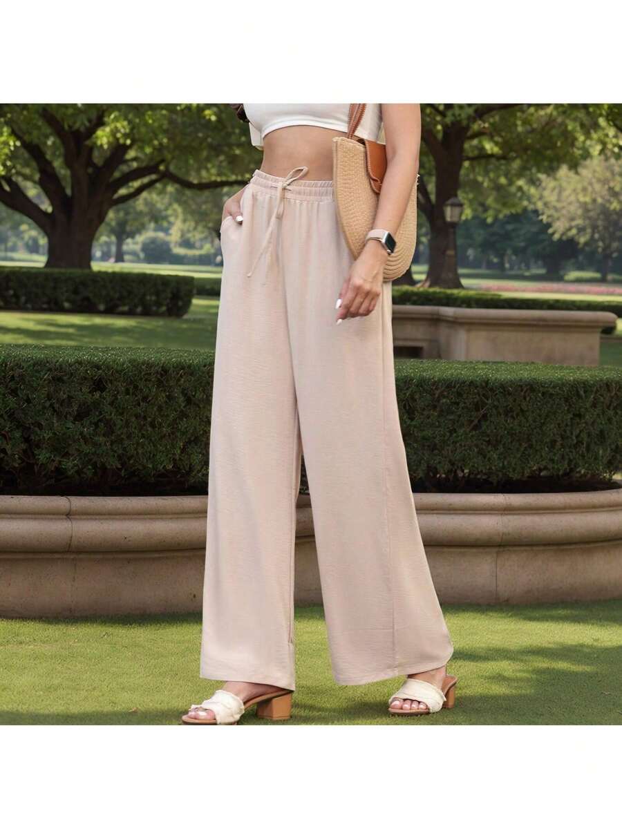 GS SNOWING Women's Elegant Wide Trousers High Waist Loose Summer Palazzo Trousers Stretchy Lounge Long With Pockets - Màu be - Xem 1