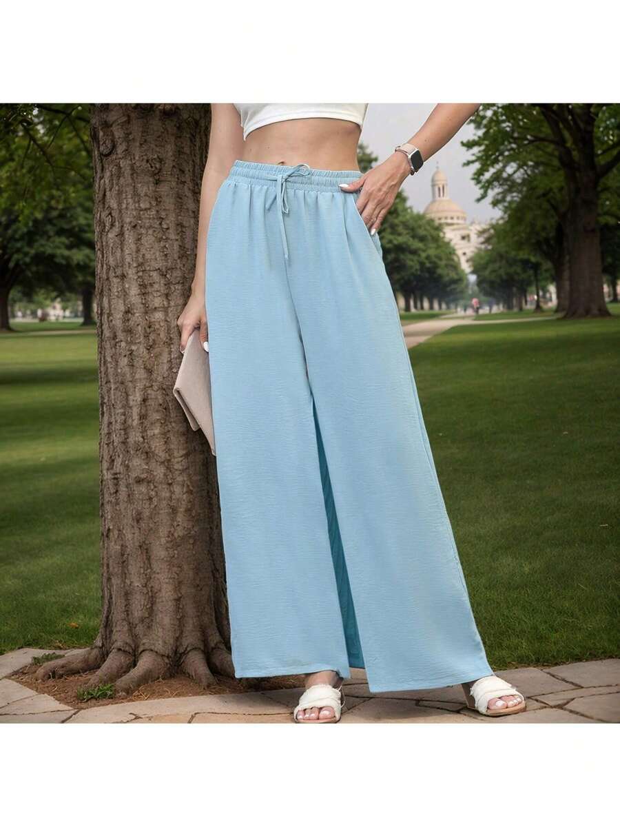 GS SNOWING Women's Elegant Wide Trousers High Waist Loose Summer Palazzo Trousers Stretchy Lounge Long With Pockets - 藍色 - 查看 1
