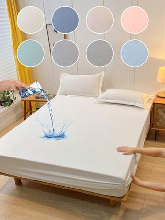 1pc Waterproof Bed Sheet, Bedding, Fitted Sheet, Solid Color Mattress Cover, Soft And Comfortable Bedding For Bedroom, Skin-Friendly Bed Cover, All Seasons, Fits For All Size Beds - Twin, Full, Queen, King, Dustproof Bedspread, Dustproof Non-Slip, Pillow And Pillowcase Not Included, Independence Day,Home Textile, Bedding Gifts, Machine Washable