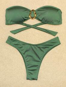 Bikini Set Top With Removable Padded Strapless And Panties Elegant Delta Wing Buckle Fabric Beach Night Vacation Holiday Spring-Summer - 軍綠色 - 查看 6