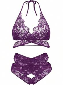 Donnalla Women Lingerie Set Two Piece Lace Bra And Panty Set Bralette Sleepwear - Purple - View 4