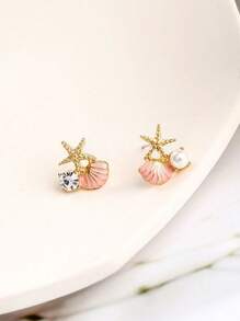 2 piezas de Pendientes asimétricos con concha rosa, estrella de mar y perla, delicados y adecuados para uso diario o en la playa de la mujer