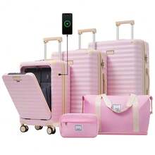 MERAX Luggage Sets 5 Piece With Front Opening , Hardside Expandable Carry On Suitcase With Spinner Wheels TSA Lock USB Port Cup Holder Duffel Bag And Toiletry Bag, Pink - 粉色 - 查看 1