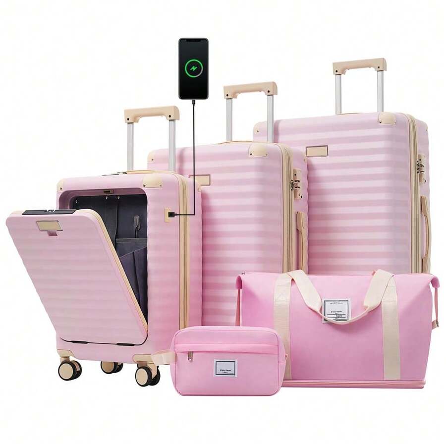 MERAX Luggage Sets 5 Piece With Front Opening , Hardside Expandable Carry On Suitcase With Spinner Wheels TSA Lock USB Port Cup Holder Duffel Bag And Toiletry Bag, Pink - 粉色 - 查看 1