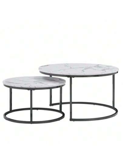 Super life Nesting Coffee Tafel Set Of Two, Round Table, Wooden Marble Top Sturdy Metal Frame, Side Living Room, Bedroom, Balcony Patio view 4