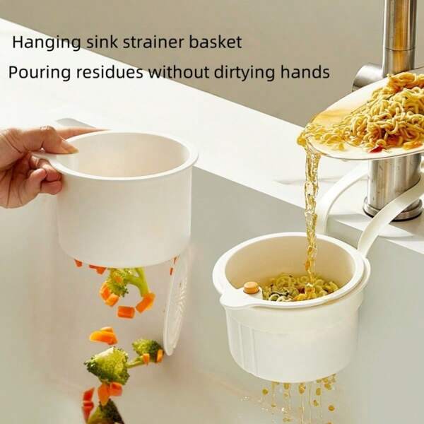 1pc Multifunctional Hanging Over The Sink Basket - With Button Drain & Storage Design, Detachable Filter, 1 Second Installation, Plastic Material, For Kitchen & Bathroom Storage, Space Saving, Sturdy Construction, Suitable For Apartment Living