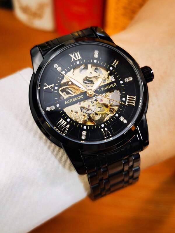 T-WINNER 1pc Men Fashion Business Skeleton Mechanical Watches Luminous Hands Stainless Steel Strap Casual Iced Out Men Watches Gifts