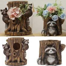 浣熊树桩花盆，可爱动物种植多肉植物花盆，有趣的雕像户外地面装饰，森林风格的异想天开的花园装饰 - 彩色 - 查看 11