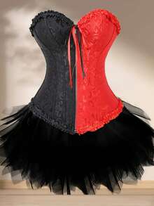 Women Sexy Overbust Boned Corset Burlesque Basque Tops+Tutu Set Lace Up Waist Firm Gothic Lingerie Skirt Party Halloween Costume - Red and Black Zipper - View 1