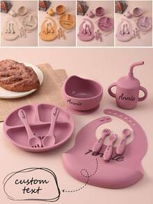 9PCS Personalized Customization Name Baby Silicone Tableware Dinner Sets Mini Utensils Suction Plate Bowl Sippy Cup Portable Spoon Fork Adjustable Bib, Baby Shower Gift, Self-Feeding Set - Multicolor - View 1