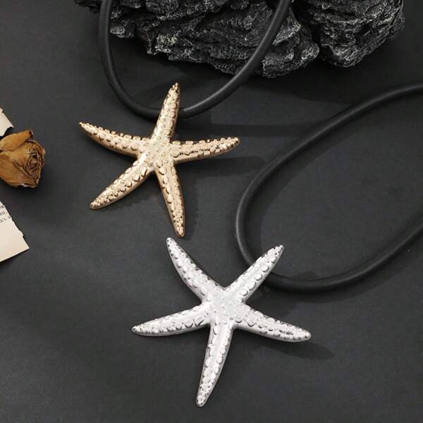 Starfish Pendant Black Leather Cord Choker Necklace Women Bold Vintage Boho Jewelry Gift Unique Festival Statement Piece Oversized Star Pendant Black Cord Choker Necklace For Women Vintage Bold Statement Boho Jewelry Gift Retro