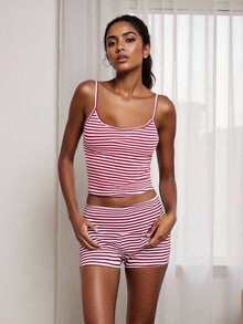Women Y2k 2 Piece Lace Shorts Set Sleeveless V Neck Cami Top With Shorts Pajamas Sets Sleepwear - 紅色 - 查看 4