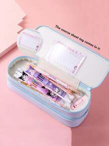 Sanrio Set de 7 piezas - Estuche/caja de lápices de gran capacidad de doble capa de Sanrio, que incluye 1 caja de artículos de papelería, 2 bolígrafos, 4 gomas de borrar de presión, Set de caja de artículos de papelería de Kuromi, un gran regalo para volver a la escuela para niños