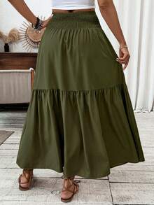 Stunning Floral Maxi Skirt - Flowy, Tiered, Elastic Shirred Waist, Pockets, Flared Hem, Woven - Perfect For Vacation, Spring, Summer, Fall, And Everyday Wear - xanh quân đội - Xem 3