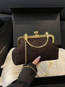 2025 新款女士草编链条斜挎包，时尚手拿包，带肩带，纯色 - 咖啡 - 查看 10