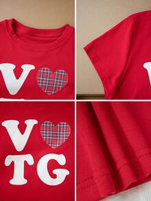 Back To School Cute Heart & Letter Print Casual Round Neck Short Sleeve T-Shirt For Women, Spring/Summer Red - Red - View 9