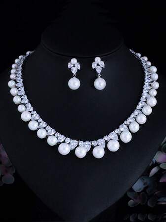 1 Set de Pendientes Colgantes de Perla Blanca Elegante y Collar de Tenis, Conjunto de Joyas de Boda de Plata Chapada con Circonita Cúbica para Mujer, Adecuado para Fiestas, Bailes, Novias, Damas, Esposas, Madres - Regalo