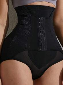 Women High Waist Lace Breathable Shapewear Shorts, Seamless Tummy Control Front Hook Closure Panty For Butt Lift - Black - View 5