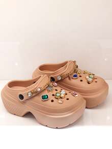 Revreal Black Platform Clogs with Colorful Rhinestone Charms and Chain可愛波西米亞Preppy學院度假時尚Casual休閒Outdoor戶外 - 卡其色 - 查看 2