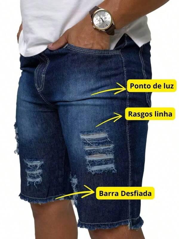 Bermuda Jeans masculina Azul Escuro Rasgada 100% Algodão | Short Jeans Masculino