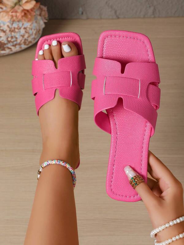 [AFBC-Gem] Solid Hot Pink Sandals Women - Square Toe Monochrome Summer Slides Non-Slip Soft Sole Casual Shoes For Daily Wear