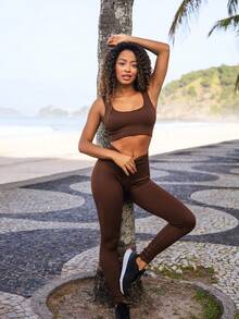 Fitness Set In Ribbed, Full-Bodied Polyamide - Top And Leggings - High Compression - Cà phê nâu - Xem 2