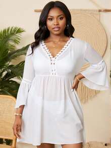 Slaydiva Summer Beach Plus Size Women's Lace Patchwork Flare Sleeve Cover Up Dress - White - View 4