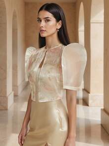 Amyenjoylife 现代菲律宾风情衬衫，菲律宾风情蝴蝶袖衬衫，1件装女士夏季碎花泡泡袖短袖衬衫，女士菲律宾风情披肩，香槟色衬衫 - 香檳色 - 查看 1