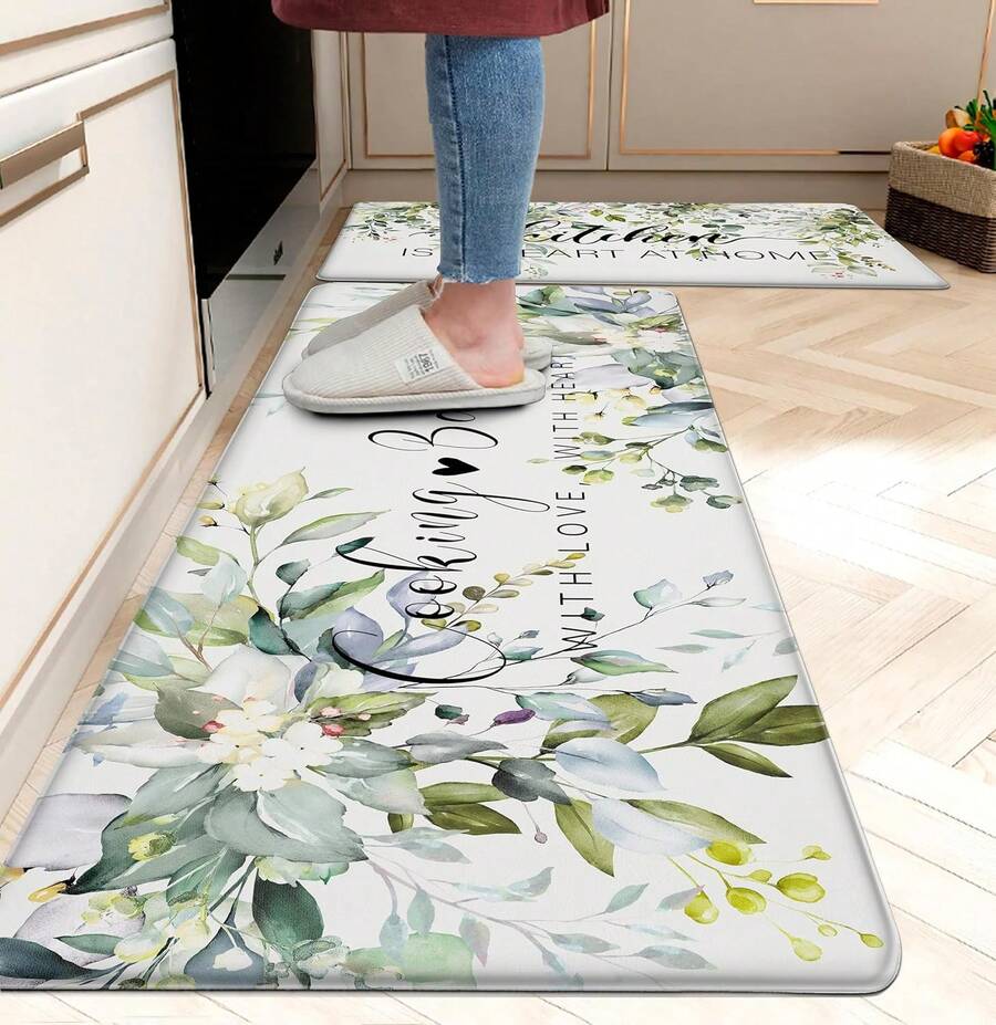 Green Kitchen Rug Anti Fatigue Mats For Kitchen Floor Kitchen Rugs Sage Green Floral Herb Memory Foam Kitchen Mat Cushioned PVC Leather Kitchen Rug Set, 17.3x28+17.3x47 Inchs - Green - View 1