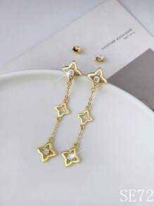 1 Pair 925 Sterling Silver Earrings - Luxury Tassel CZ Inlaid Four-Leaf Clover Hollow-Out Design, Suitable For Anniversary, Wedding, Date, Party Occasions, Best Gift For Family And Friends