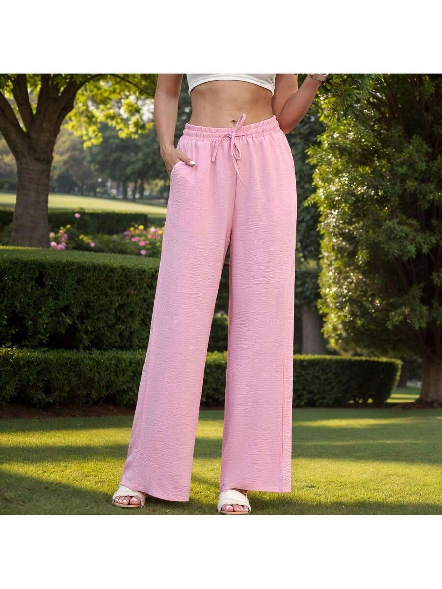 GS SNOWING Women's Elegant Wide Trousers High Waist Loose Summer Palazzo Trousers Stretchy Lounge Long With Pockets - 粉色 - 查看 1