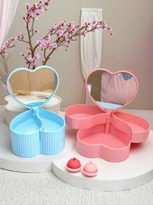 1pc Multi Functional Love Rotating Open Double Layer Mirror Makeup Box, DIY Heart Shaped Makeup Box, Jewelry Storage Box, Suitable For Desktop Makeup Care
