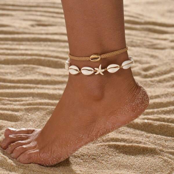2pcs Metal Shell, Turquoise, Starfish Charm Woven Anklet, Minimalist Beach Vacation Style