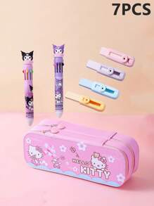 Sanrio Set de 7 piezas - Estuche/caja de lápices de gran capacidad de doble capa de Sanrio, que incluye 1 caja de artículos de papelería, 2 bolígrafos, 4 gomas de borrar de presión, Set de caja de artículos de papelería de Kuromi, un gran regalo para volver a la escuela para niños