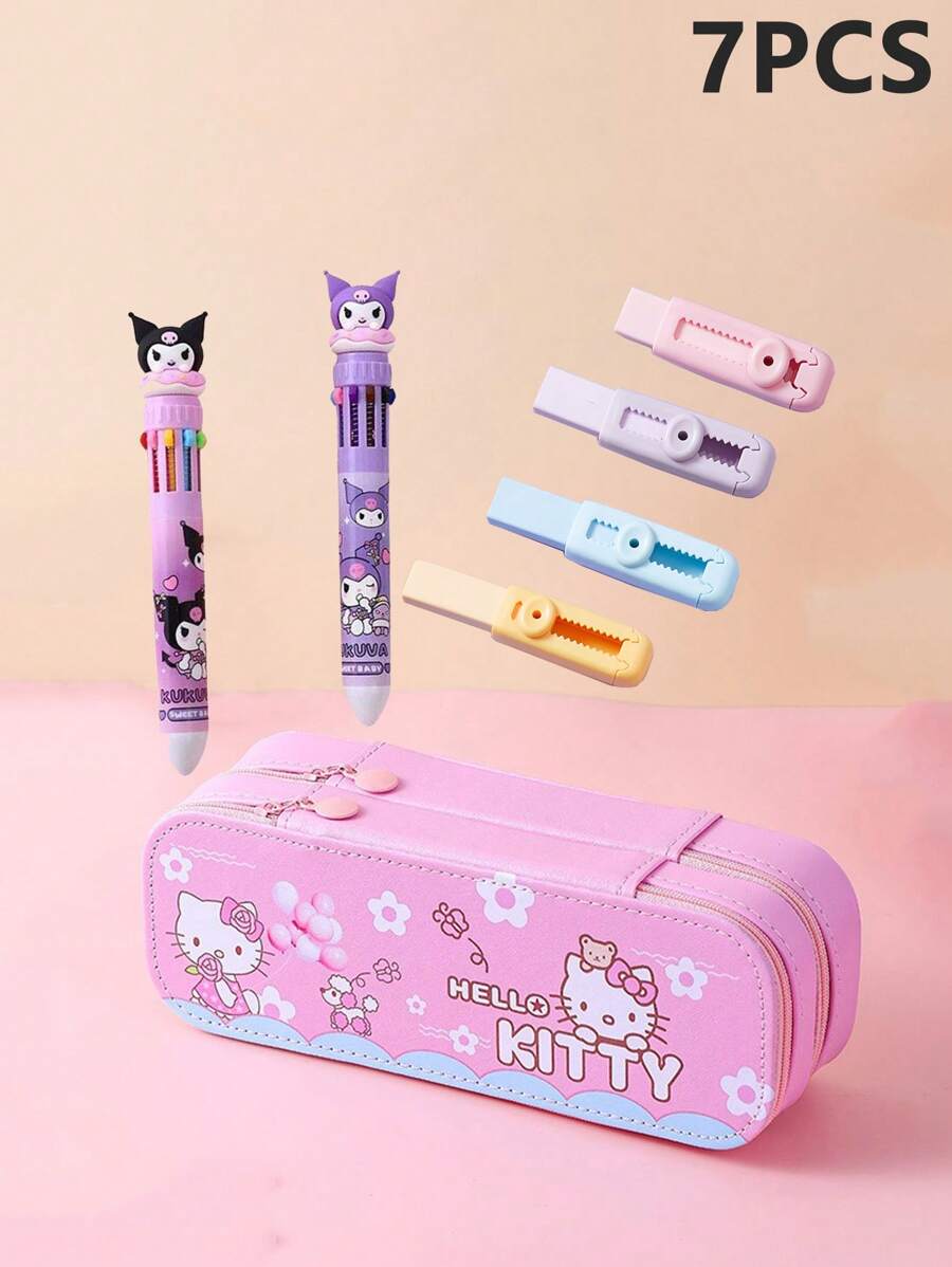 Sanrio Set de 7 piezas - Estuche/caja de lápices de gran capacidad de doble capa de Sanrio, que incluye 1 caja de artículos de papelería, 2 bolígrafos, 4 gomas de borrar de presión, Set de caja de artículos de papelería de Kuromi, un gran regalo para volver a la escuela para niños