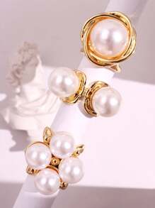 Conjunto de 3 anéis elegantes, vintage, brilhantes, exclusivos, de luxo, com pérolas douradas, versáteis para o dia a dia, festas, deslocamentos, feriados, joias finas para mulheres