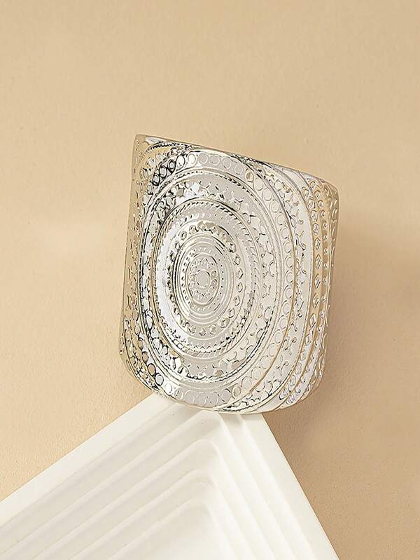 1pc Bohemian Style Wide-Cuff Silver Tone Bangle Bracelet, 3D Floral Carving Design, Essential, Ideal Gift For Friends