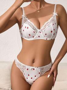 Women's Erotic Naughty Lingerie Sets Strawberry Print Lace Trim Bra And Low Waist Thong - White - View 2