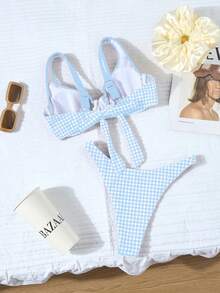 Bộ bikini 2 mảnh mới dành cho nữ, kiểu dáng hở lưng, in họa tiết hoa nhí với trang trí kim loại, thích hợp cho kỳ nghỉ hè ở bãi biển. - Màu xanh nhạt - Xem 3