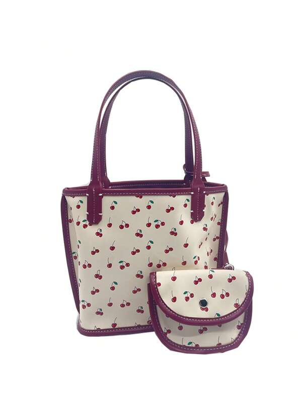1 pieza Bolso de mano minimalista de PVC con estampado de cereza, bolso de tela pequeño y lindo adecuado para uso diario de las mujeres, viajes, actividades al aire libre, citas, compras, regalo de Navidad