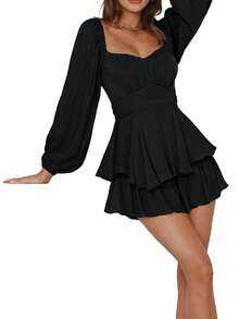 Womens Loose Shorts Jumpsuit, Solid Color Lantern Long Sleeve Square Neck Ruched Ruffled Playsuit - màu đen - Xem 1