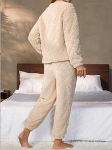 Nina Bonheur 2件套女士加厚双面抓绒宽松上衣+舒适长裤家居服套装，可户外穿着 - 杏色 - 查看 5