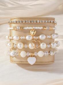 5 Stücke Set Damen Perlenarmband mit Herzanhänger, Strass-Gummiband-Armband, elegantes Perlenarmband, Alltagszubehör