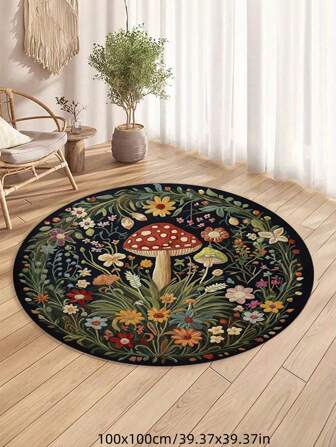 1 Pc Mushroom Patterned Round Rug, 100% Polyester, Hand Wash Only, Lightweight Woven Mat, Anti-Slip, Anti-Dust, Suitable For Living Room And Kitchen Decor, Home Decoration, Washable Carpet