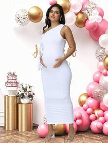 JustVH 不对称领口修身孕妇长裙，优雅纯色派对礼服，适合婴儿派对和春季白色写真拍摄 - 白色 - 查看 4