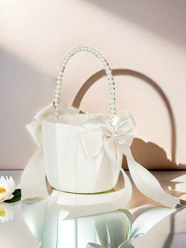 1/2 peças de cestas de flores de casamento com alça de pérola, cestas de flores com laço de cetim para coleção de flores e pérolas, brancas, a escolha perfeita para dar presentes.
