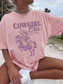T-shirt da donna con stampa personalizzata a lettere, stile occidentale, scollo tondo, adatta per l'estate e vacanze. Top donna bianco e rosa con grafica