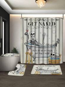 1/4 Stück lustiges Skelett Muster Badezimmer Dekor Set, Skelett liegt in Badewanne mit Schrift Design, wasserdichter Duschvorhang mit 12 Haken, rutschfeste Badvorlage, U-förmige Toilettenvorlage, Toilette-Sitz Abdeckung, tolles Geschenk für sich selbst, Freunde und Familie zum Schulbeginn