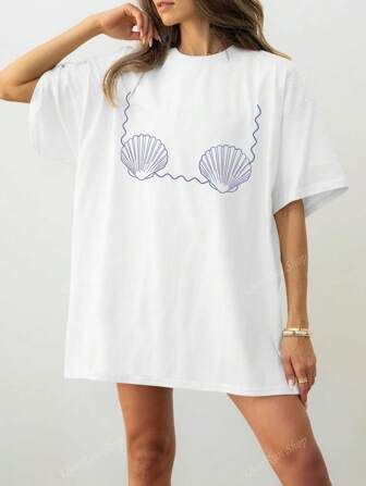 Dames zomer bikini schelpen patroon print ronde hals korte mouwen eenvoudige casual dagelijkse witte grote maten T-shirt tops, bikini patroon T-shirt, bikini T-shirt, ondergoed top T-shirt